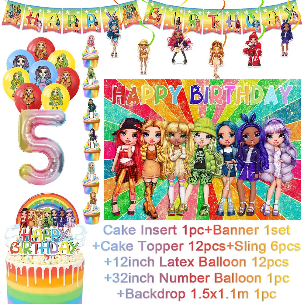 Cartoon Regenbogen Puppe High School Thema Hintergrund Geburtstag Party Dekoration Lieferungen Einweg Tasse Besteck Ballon Baby Geschenk