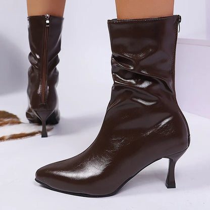 Sexy Pu Leather Thin High Heels Boots Women Back Zipper Pointed Toe Ankle Boots Woman Fleece Lining Warm Short Booties Mujer 42.