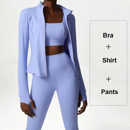 3Pcs Fitness Yoga Set Women Workout Athletic Clothing Long Sleeve Shirt Gym Bras High Waist Leggings Tights-Fitting Sportswear.