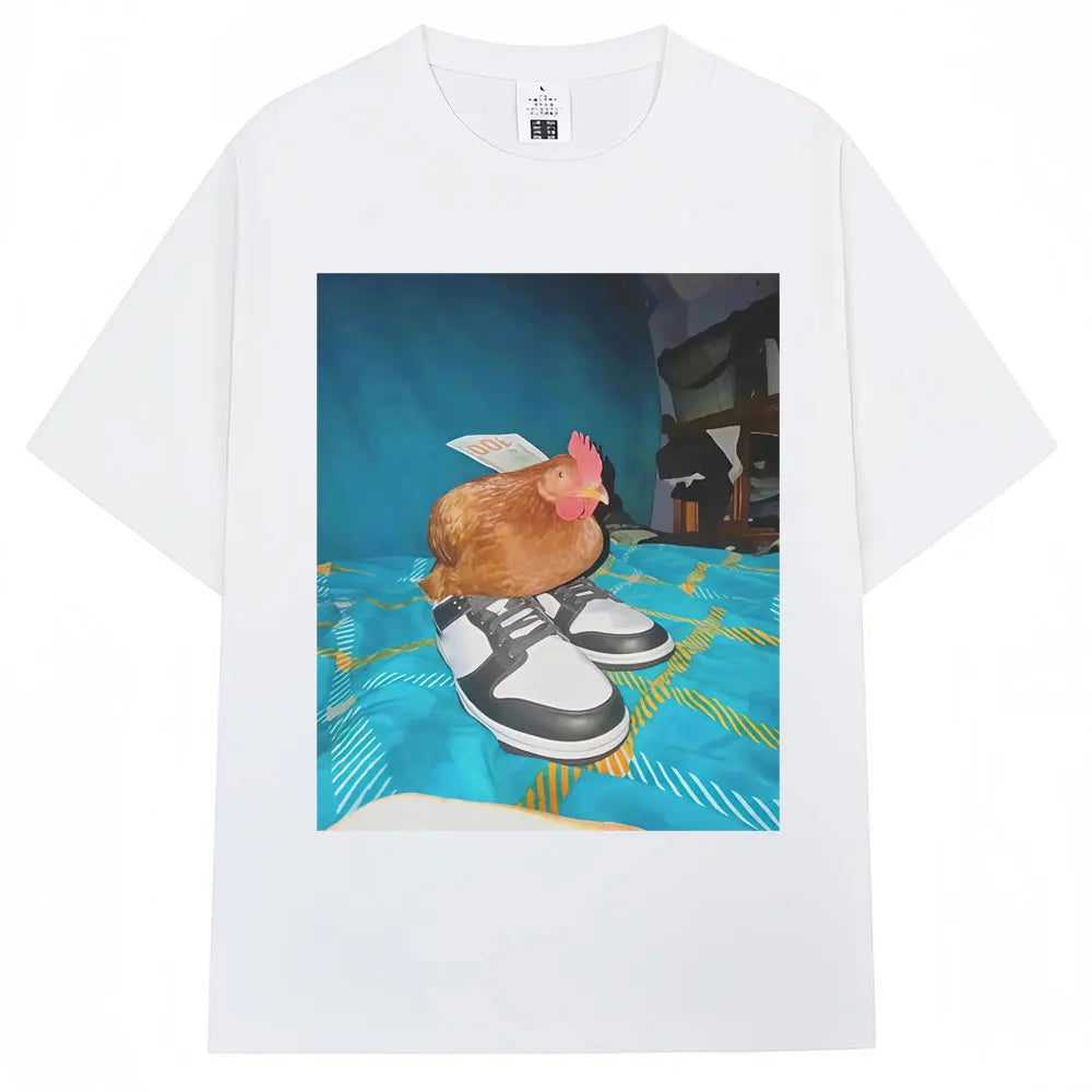 Funny Dripped Out Chicken Meme Print T-shirts Humor Chicken with Shoes Men Women T Shirt Creativity Popular Loose Cotton T-shirt.