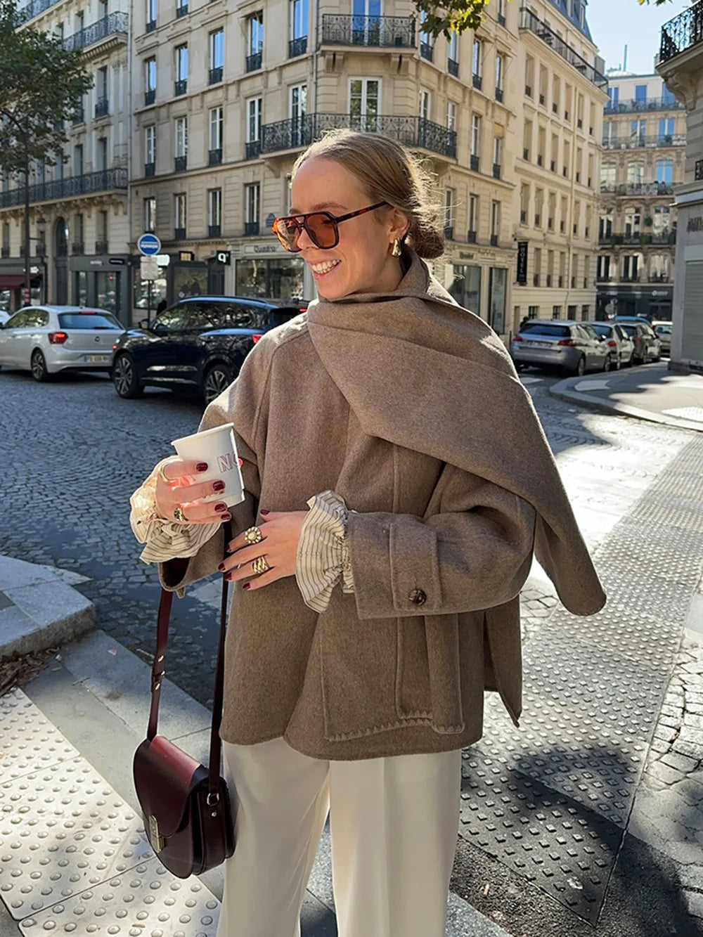 Women Fashion Brown Scarf Coat Jacket Loose Long Sleeve Single Breasted Pocket Jacket Fall/Winter Casual Wool Blend Jacket