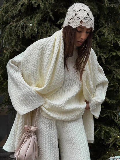 Bornladies Herbst Winter Mode frauen Neue Zopfmuster Pullover Breite Bein Hosen Set Weiche Wolle Mischung Lose Fit High Neck Pullover