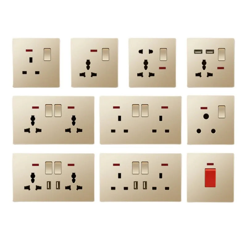 UK Standard 13A Gold USB Stecker Wandsteckdose Lichtschalter, 220V Universal 6-Loch-Doppelsteckdose mit 2,1A USB-Ladeanschluss.