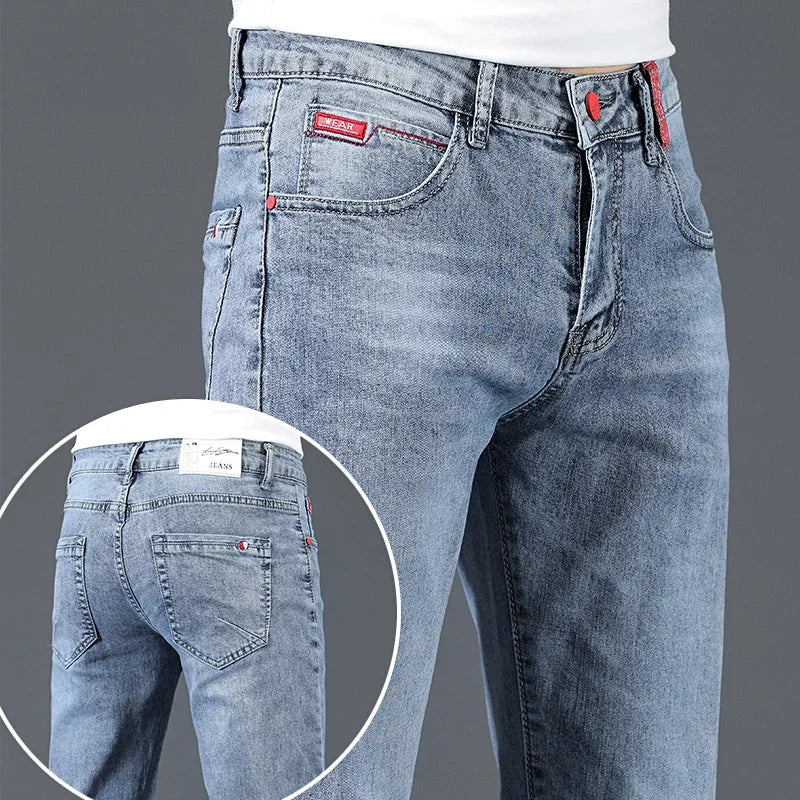 2024 New Men's Cotton Business Casual Skinny Jeans Trendy Fashionable Stretch Straight Slim Denim Trousers Male Blue Grey.