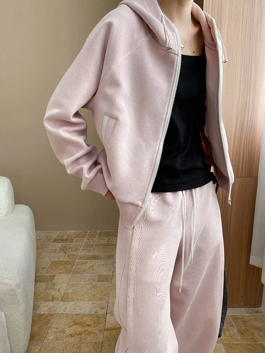 Spring and Autumn Women's Casual Solid Color Loose Hooded Sweatshirt+High Waist Loose Pants Set.