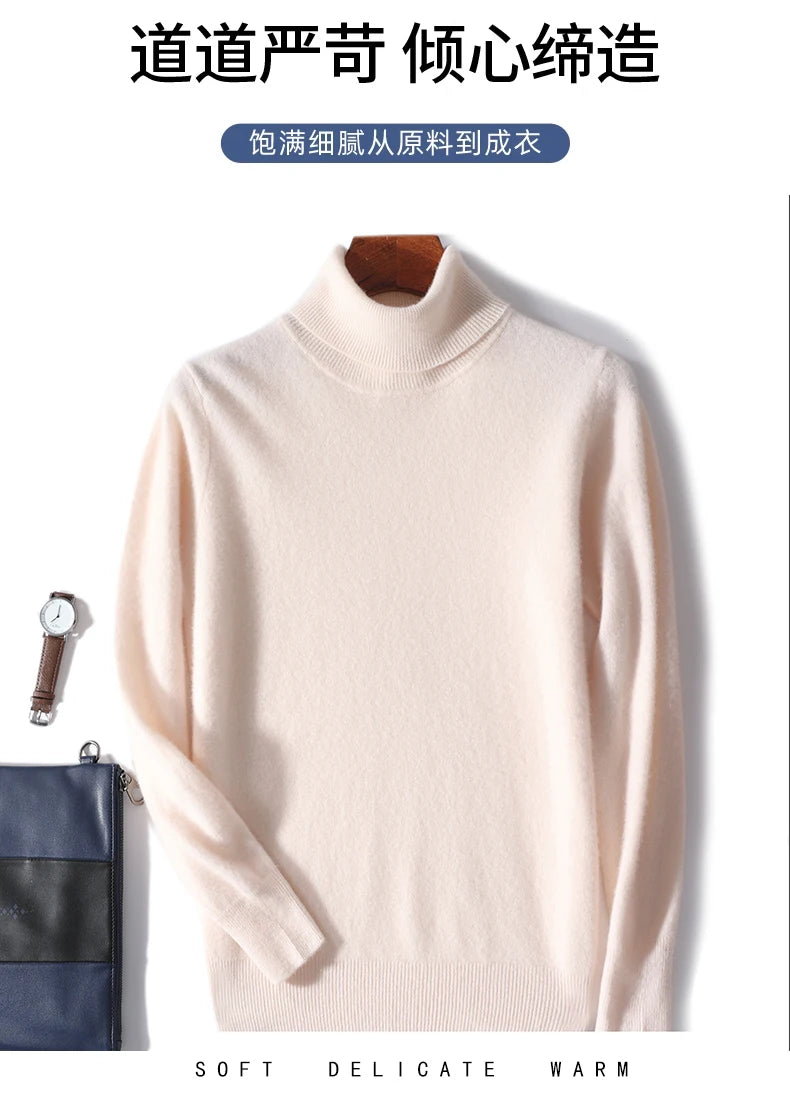 Men's Turtleneck 100% Pure Wool Sweater Men 2024 Autumn and Winter Large Size Loose Knitted Sweater Keep Warm Tops Men Jumper.