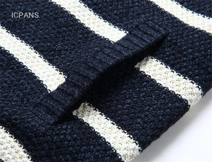 Winter Wool Liner Sweater  Cardigan Man Knit Striped Stand Collar Jacket Outwear Knitted Sweatercoat Men Vintage Clothing.