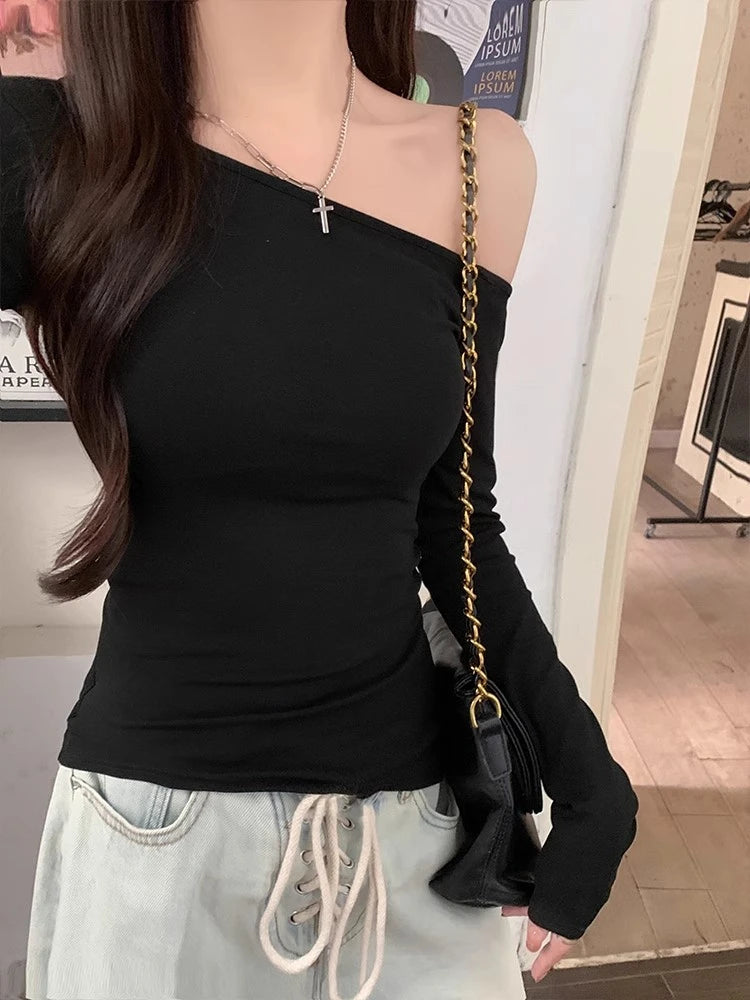 Vintage Solid Off Shoulder T Shirt Women Autumn Sexy Slash Neck tshirts Cotton Long Sleeve Chic Irregula Streetwear Slim Top Y2k.