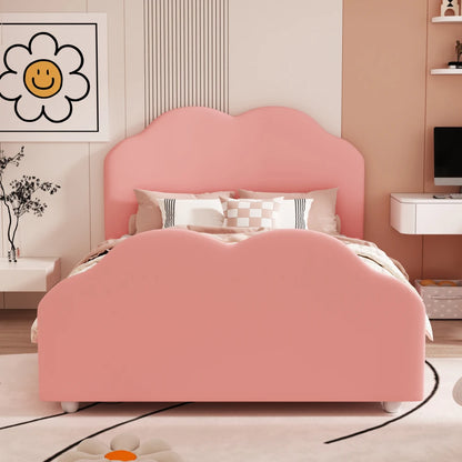 Kinderbett 90 x 200 cm hohes Geländer, Kinderbettgestell mit wolkenförmigem Kopf und Fußteil, Bett aus hautfreundlichem Samt