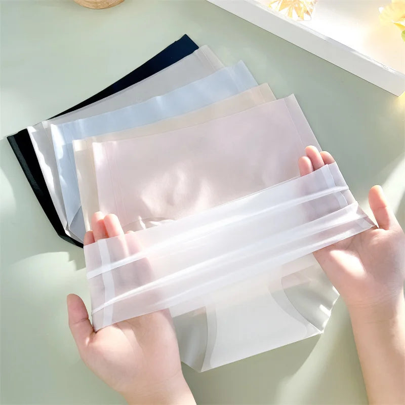 4PCS/Set Women's Ice Silk Seamless Panties Ultra Thin Briefs Breathable Underwear Female High Waist Intimates Lingerie Plus Size.