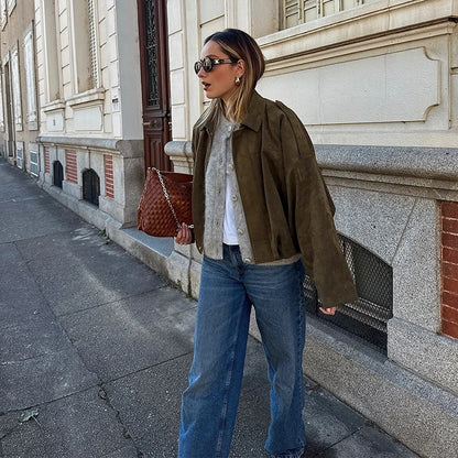 2025 herbst frauen Grün Wildleder Jacke Lose Revers Zipper Langarm Taschen Bomber Mantel Neue Mode Dame Dicke Streetwear