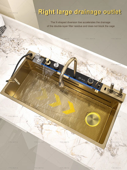 Edelstahl-Küchenspüle, multifunktionale Digitalanzeige, Wasserfall, großer Einzelschlitz mit Rack für Messerwaschbecken