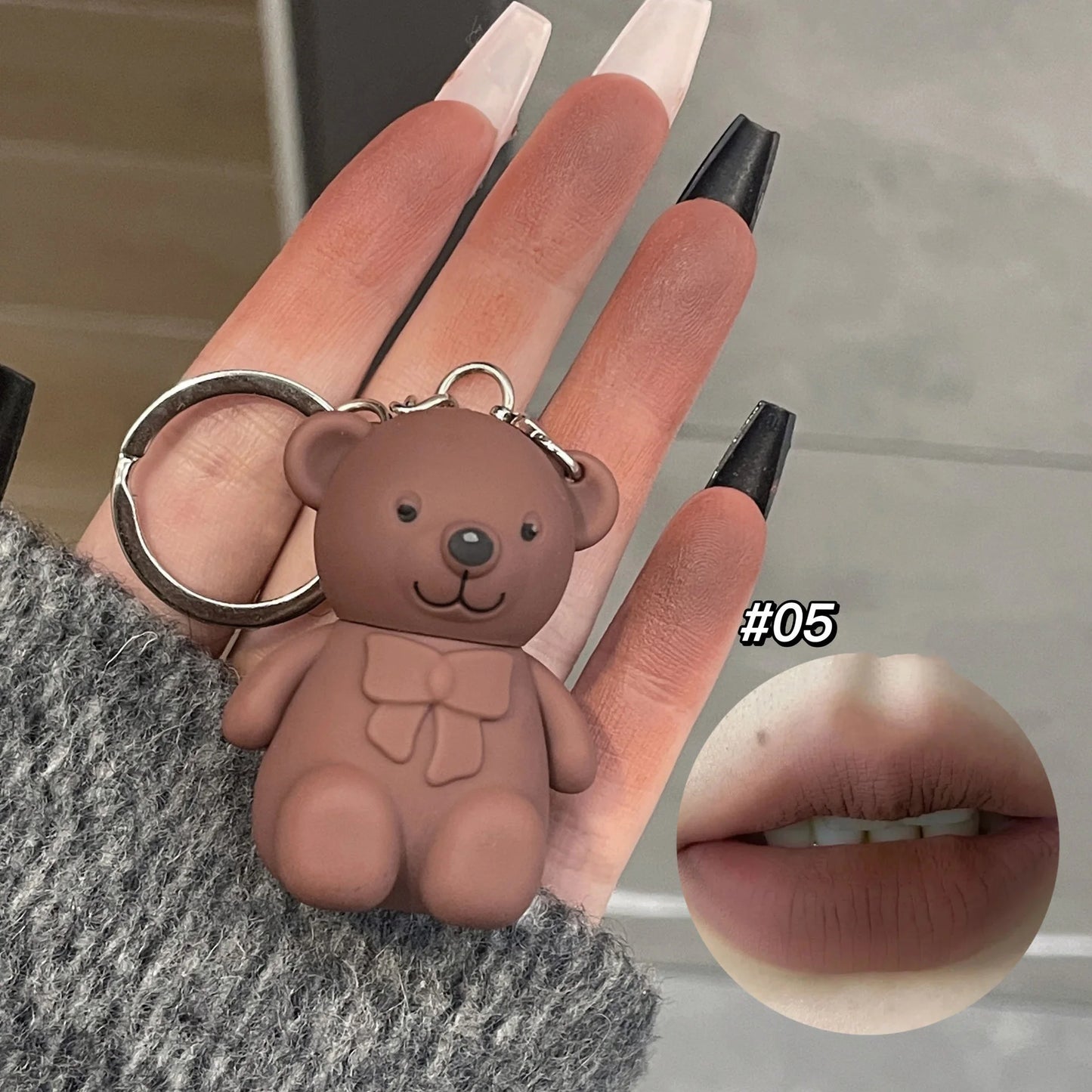 Cute Bear Keychain Matte Velvet Lip Gloss Mirror Brown Lipstick Waterproof Long Lasting Non-Stick Cup Lip Mud Korean Cosmetic.