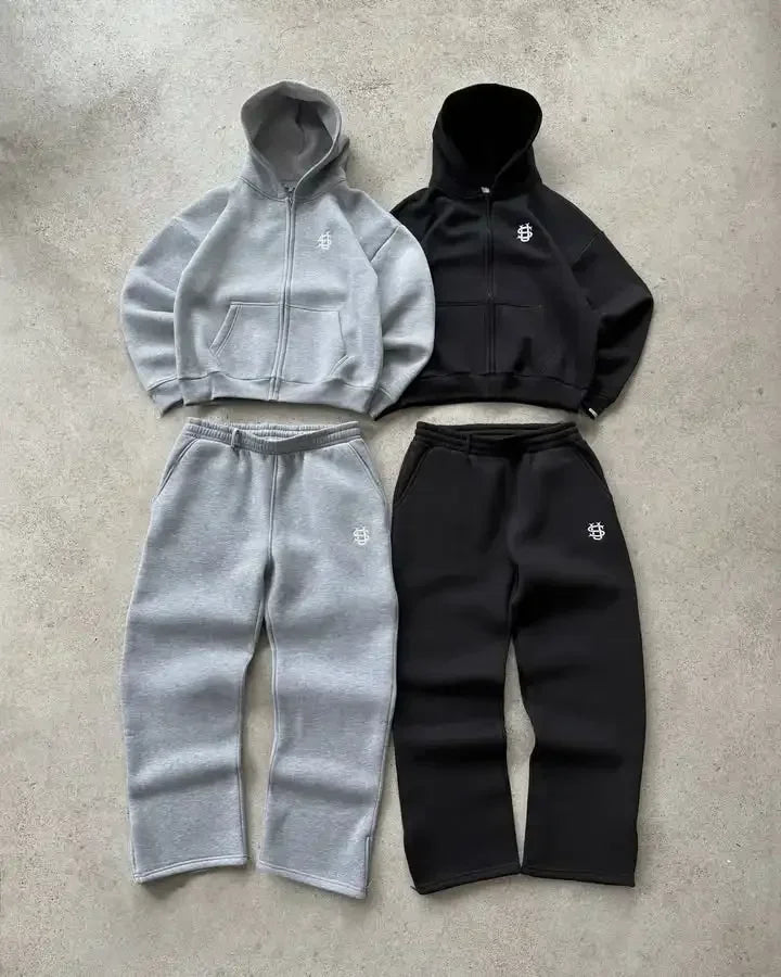 Embroidered sweatpants two-piece set Y2K clothing men's hip-hop oversized sweatpants casual zipper hoodie.