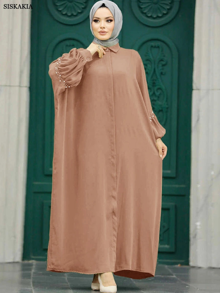 Siskakia Solid Muslim Woman Elegant Beaded Cardigan Long Dress With Loose Batwing Sleeve Moroccan Dubai Saudi Kebaya Robe  2024.