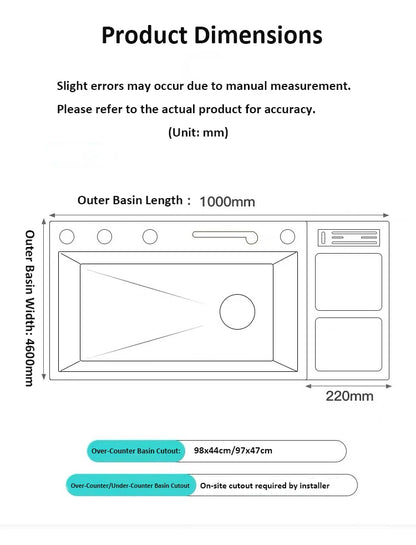 Large Single-Basin Digital Intelligent Sinks Water Bowl Stand 100x46cm Thickened Stainless Steel for Multi-Functional Kitchen