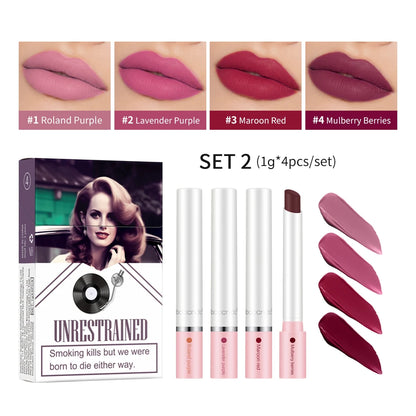 4 pcs/set Cigarette Lipstick Set Long Lasting Lip Glaze Matte Lip Gloss Waterproof Lip Stick Tube Nude Lip Tint Makeup Cosmetics