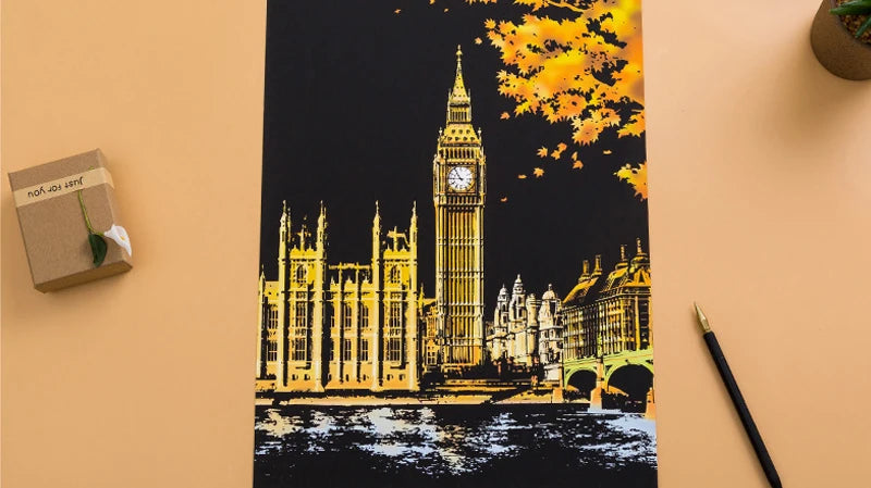 4PCS Scratch Art Paper World Landmarks Animals Painting Toy with Stylus Stress Relief Drawing Kids Adult Gift Glow in Dark Craft.