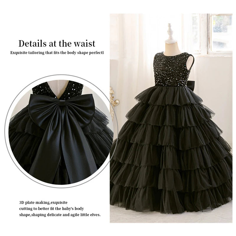 Mode Pailletten Mädchen Prinzessin Kleid Geburtstag Party Mädchen Layered Schwarz Hochzeit Kleid Für Kinder Elegante Klavier Leistung Kleid.