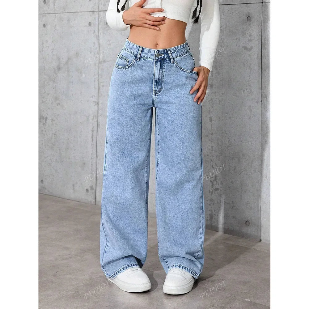 Fashionable Loose Women's Jeans High Waist Straight Leg Summer New Style Printed Trendy Cross-Border Denim Pants.