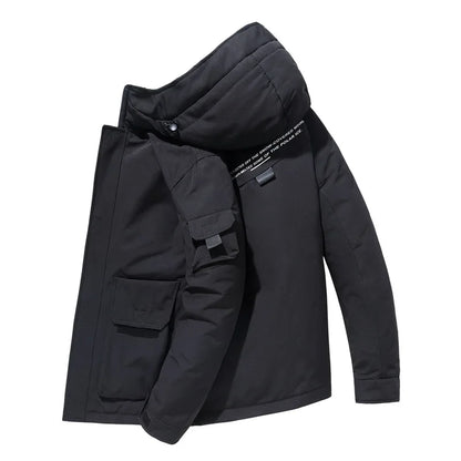 2025 new men's workwear down jacket, winter hooded warm jacket, multi pocket windproof down jacket, trendy down jacket.