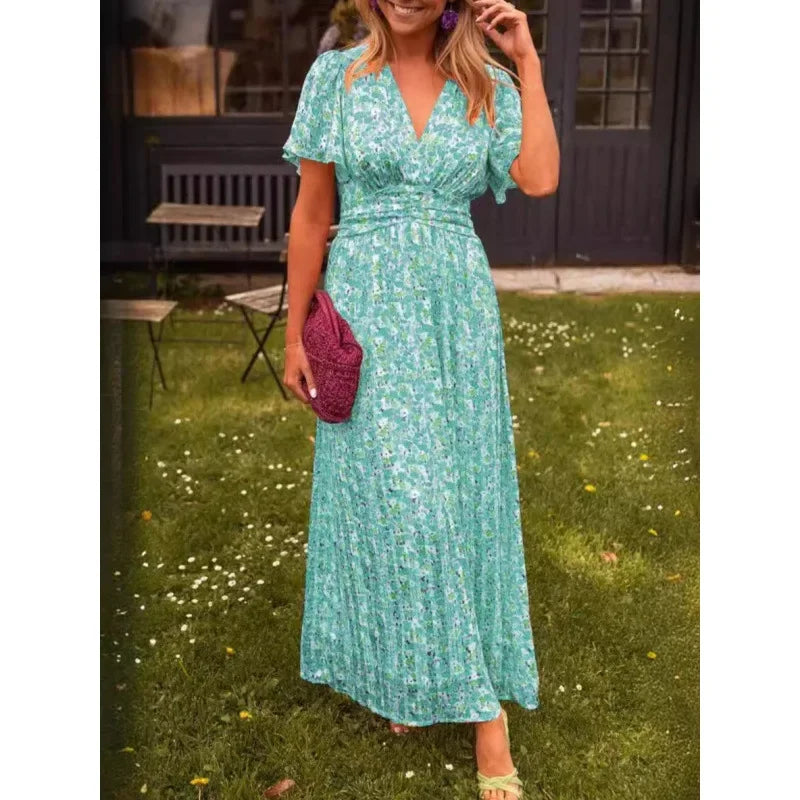 Shein 2024 Neues langes Damenkleid, elegantes bedrucktes, tailliertes Kleid mit V-Ausschnitt, modische Außenhandelskleidung.