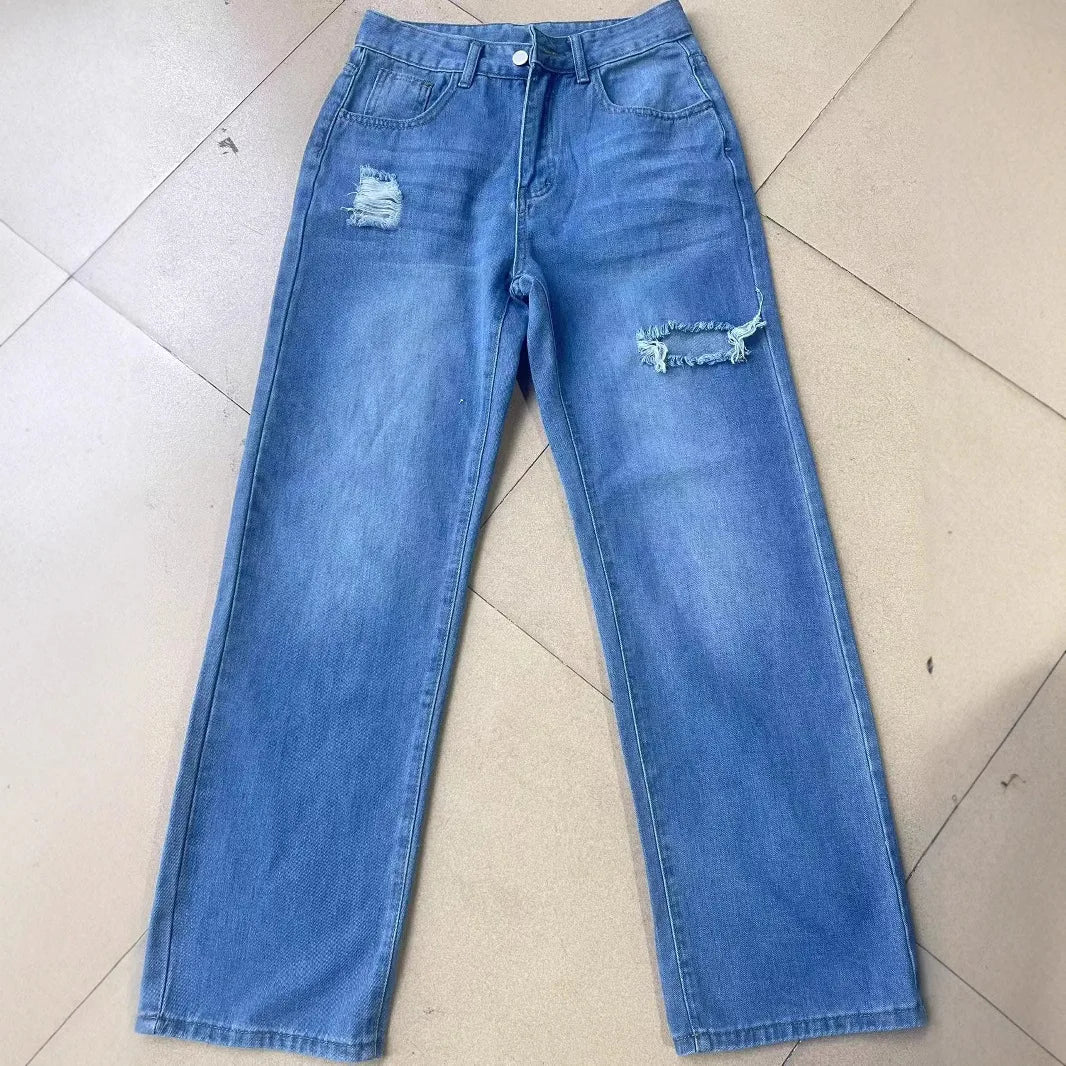 Mom Jeans Women Denim Pant Wide Leg Long Pants Hole High Waist Straight Trousers Y2k Streetwear Work Splice Casual 2025 Punk.