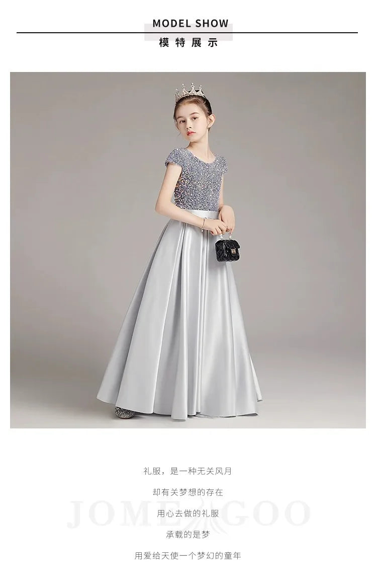 Mädchen-Klavierkleid, graues Pailletten-langes Performance-Kleid, Prinzessinnenkleid, Kinder-Host-Show-Performance-Kleid, Sommer
