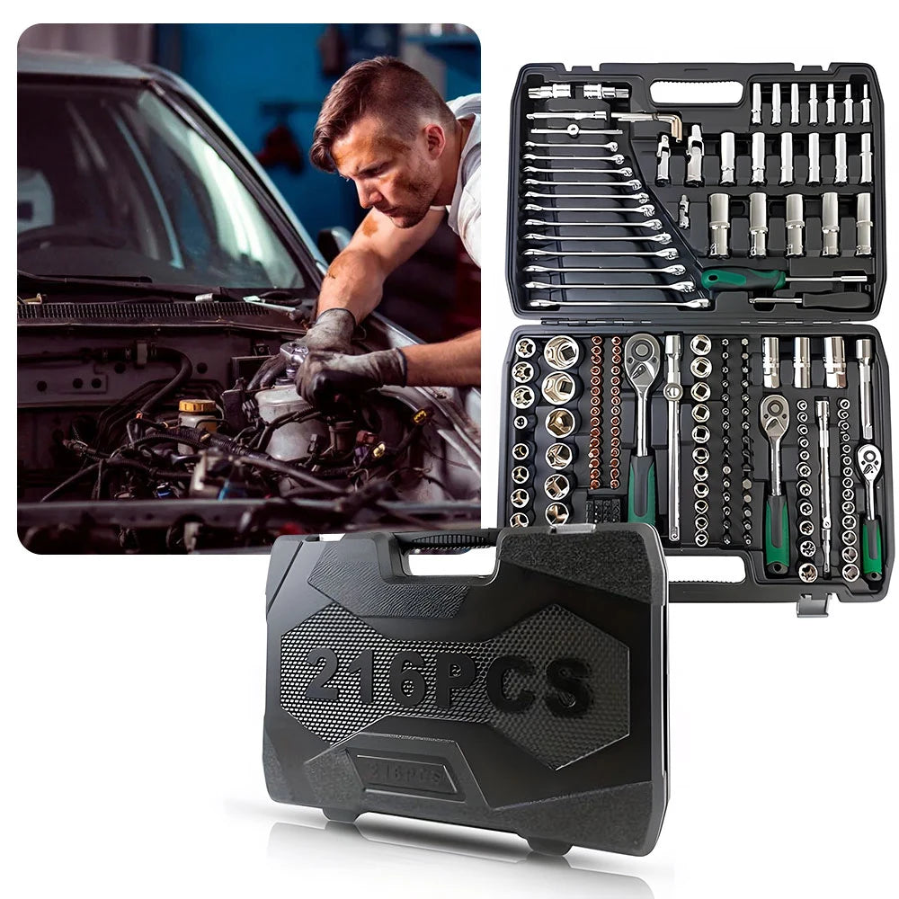 Podofo Steckschlüsselsätze 214 Stück 1/4 Zoll 3/8 Zoll 1/2 Zoll 24-Zahn Ergonomischer Ratschenschlüssel Mechaniker-Werkzeugsatz für die Autoreparatur