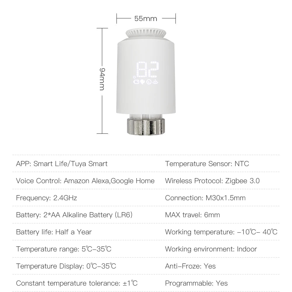 AVATTO Tuya ZigBee Thermostat Radiator Actuator Smart TRV Thermostatic Valve Temperature Controller Support Alexa Google Home.