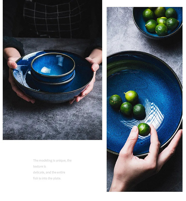 Japanese Blue Kiln Change Ceramic Tableware American Tableware Retro Household Dishes Set Rice Bowl Dishes Restaurant Plate.