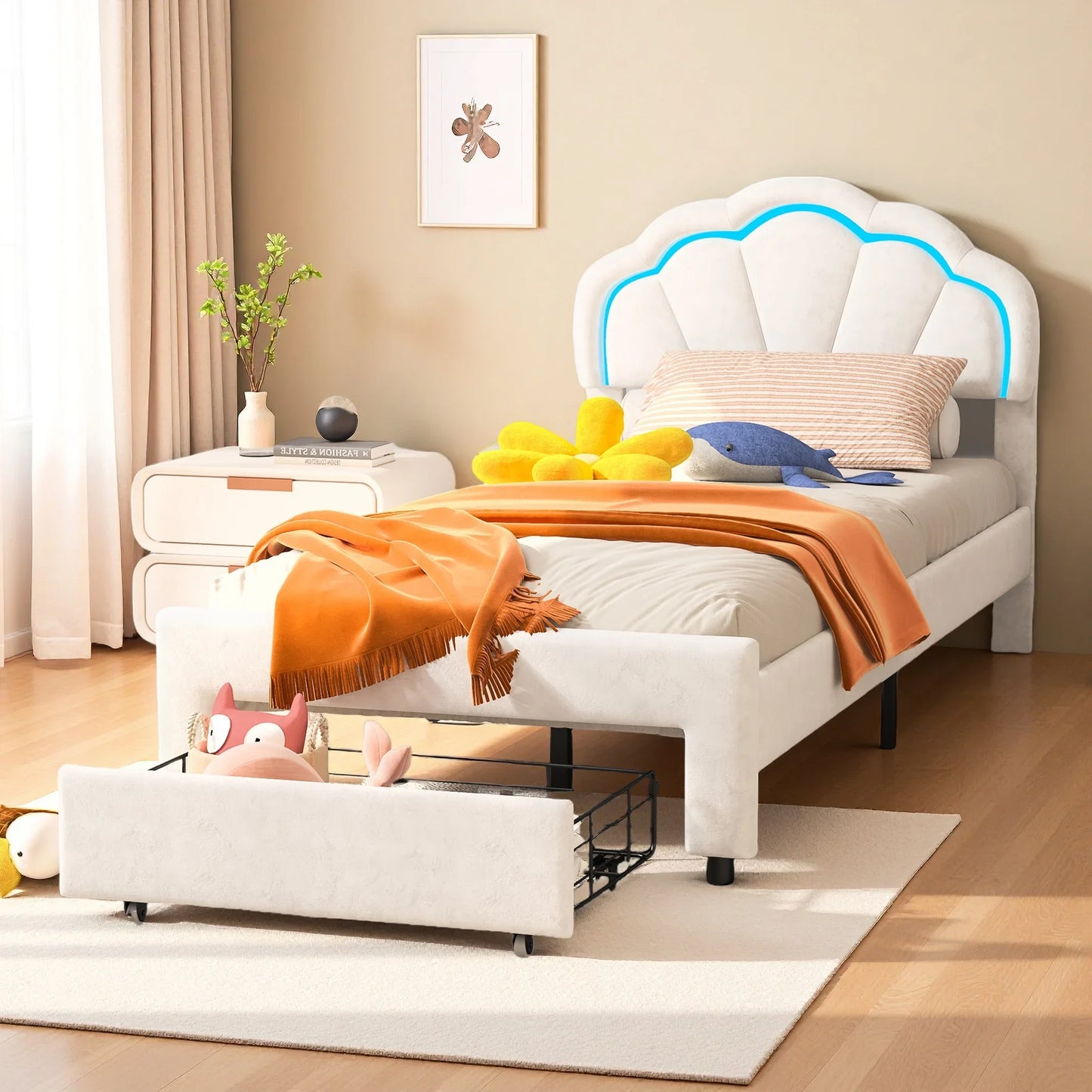 Rosahqnda gepolsterter Bettrahmen mit blumenförmigem Kopfteil, Bettrahmen, Einzelbett, Blütenblattbett, Jugendbett für Jungen und Mädchen