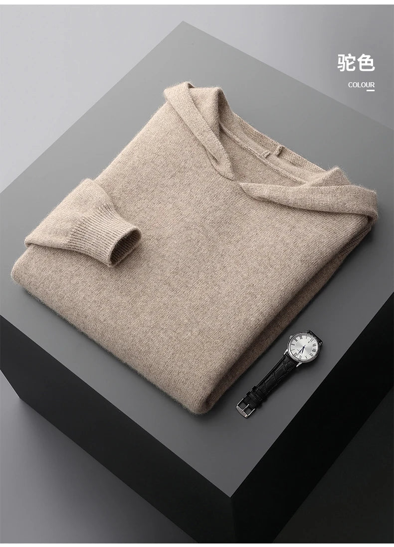 One-piece Hat with Pocket Men's Pullover 100% Cashmere Knitted Sweater Casual Comfortable Top Base Shirt Men's Clothing.