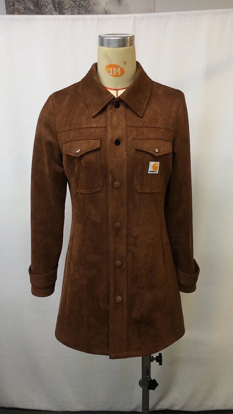 2025 Womens Vintage Suede Lapel Collar Mid Length Coat Jacket Classic Retro Trench Style Autumn Winter Warm Fashion Outerwear.