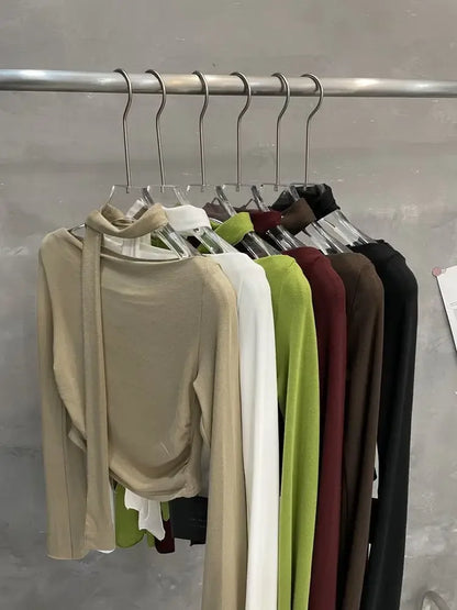 Sexy One-Shoulder Long Sleeve T-Shirt with Scarf Short Flared Sleeve Blindfolded Entry Base Shirt Tight Short Crop Top.