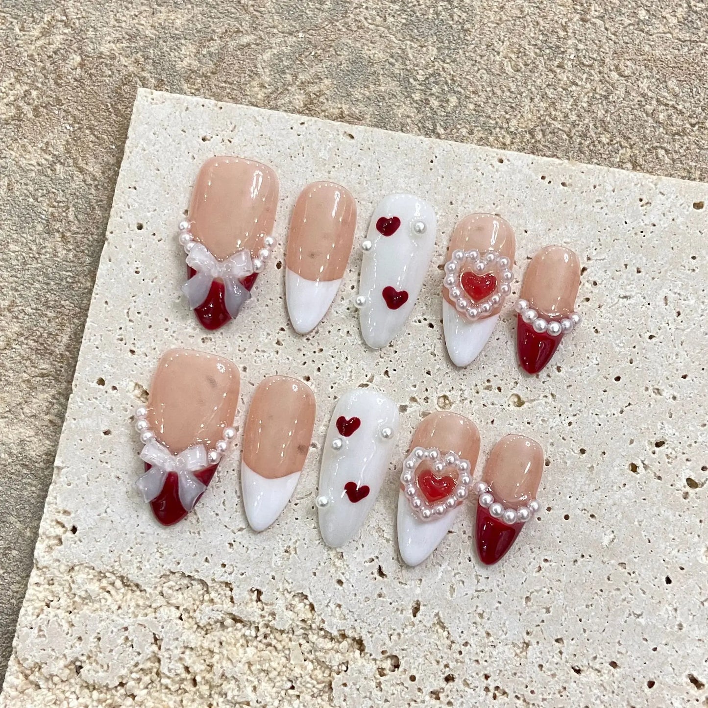 10pcs White Flowers Decor Fake Nails French Pearl Almond Fake Nail Patch Wearable Full Cover Handmade Bride Press on Nail Tips.