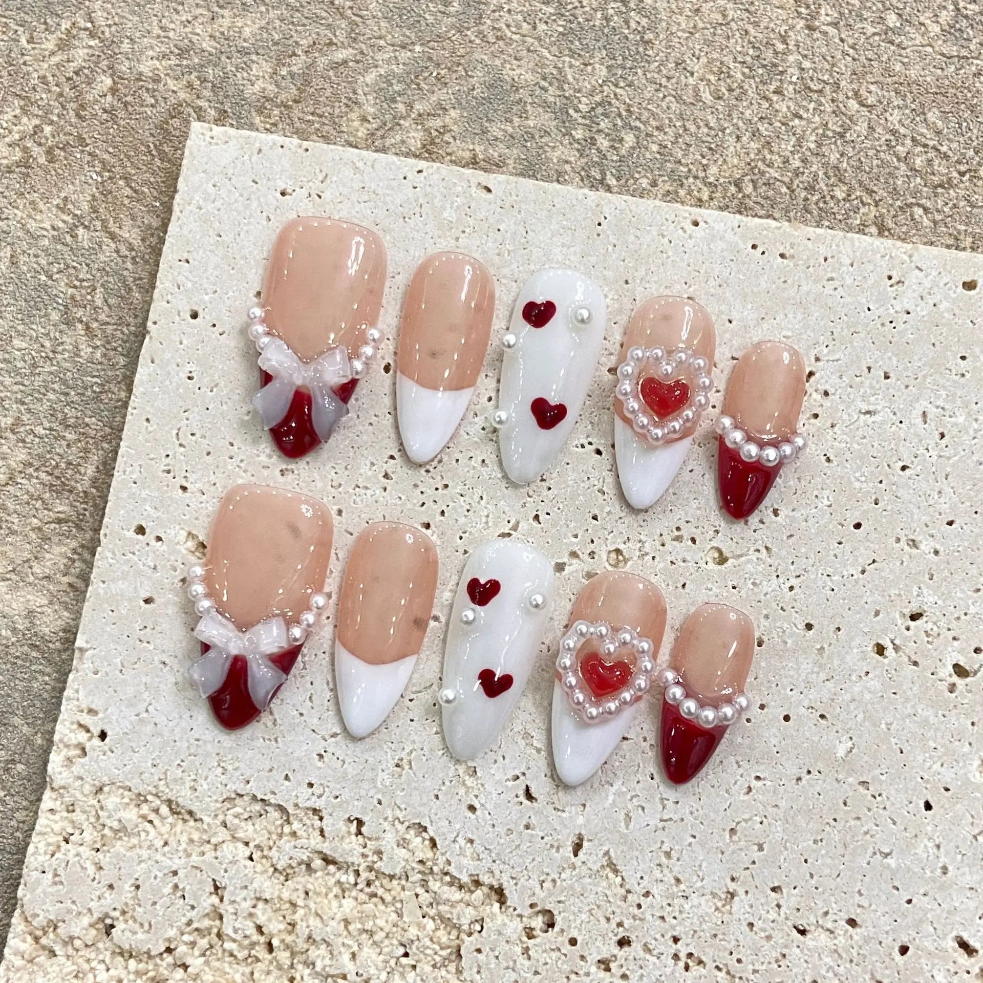 10pcs White Flowers Decor Fake Nails French Pearl Almond Fake Nail Patch Wearable Full Cover Handmade Bride Press on Nail Tips.
