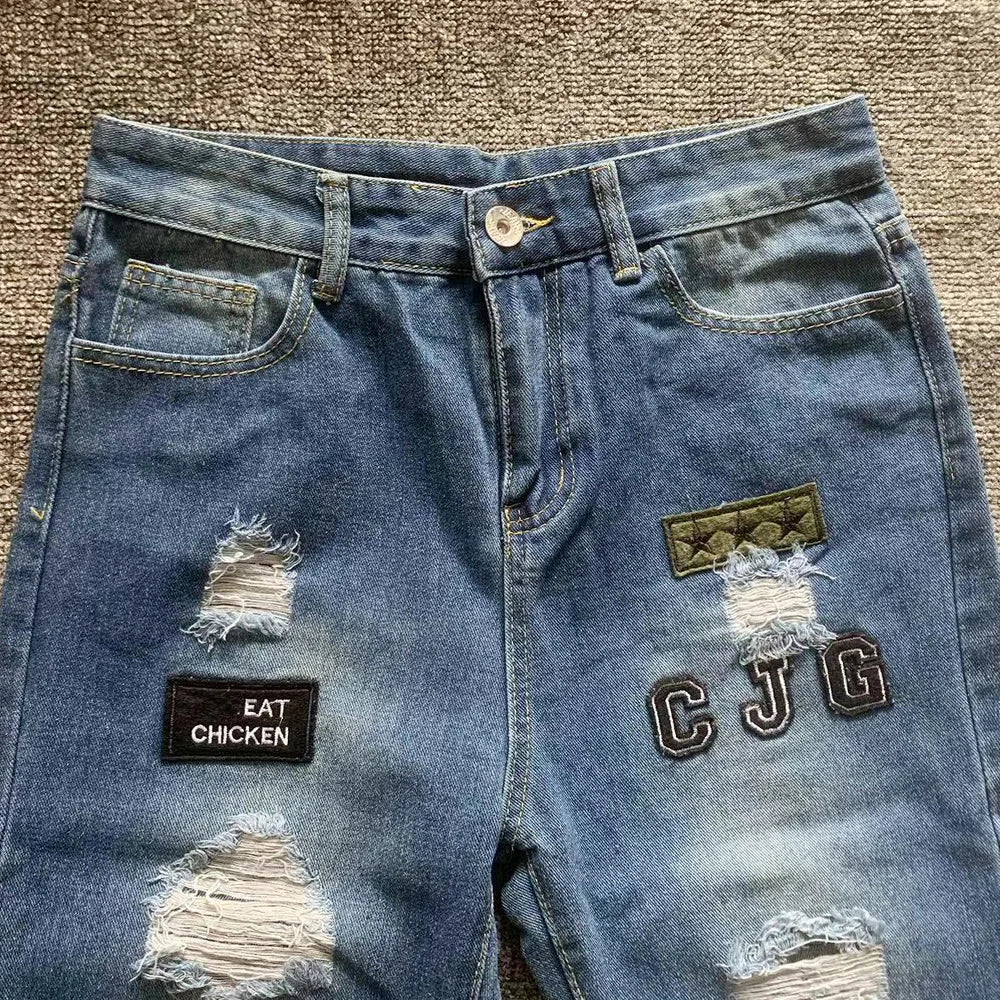 White Embroidery Skinny Ripped Jeans Men Cotton Stretchy Hole Slim Fit Hip Hop Denim Pants Casual Jeans for Men Jogging Trousers.