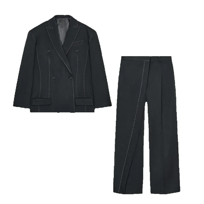 Fashion Line Suit Pants Set Women Lapel Full Sleeve Double Breast Pocket Blazer Straight Trousers 2025 Autumn Winter Lady Outfit.