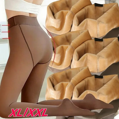 Sexy Thicken Warm Tights Women Plus Size Thermal High Waist Elasticity Plush Fleece Translucent Coffee Elasticity Pantyhose