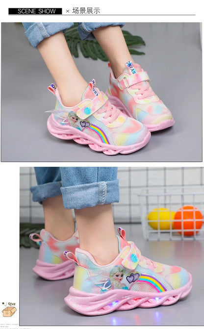 Disney Girls' Casual Shoes Led Lights Mesh Breathable Children's Sports  Princess Elsa Pink Purple Shoes Sneakers Size 22-37.