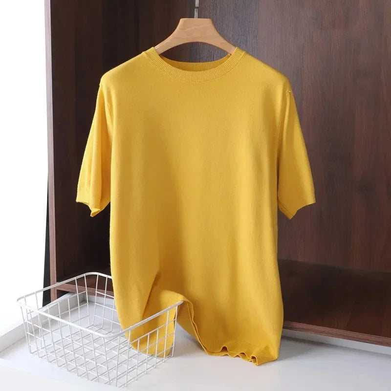 2025 Superfine Merino Wool T Shirt Men's Knitted O-neck Breathable Thin Cashmer Short Sleeve Tee Solid Color Tops.