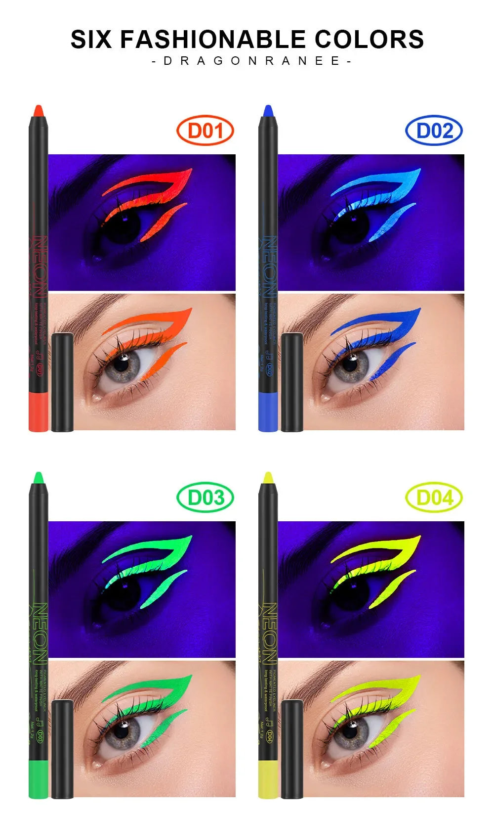 Fluorescence Blue Eyeliner Gel Waterproof Luminous UV Light Neon Eyeliner Pen Yellow Green Pink Color Eye Shadow Cream Make Up.