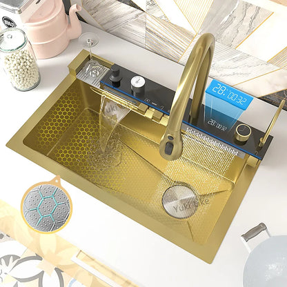 Silver Waterfalls Stainless Steel Kitchen Sink Multifunction Intelligent Digital Display Temperature Household Large Single Slot