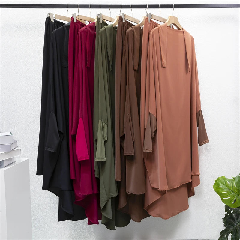 Muslim Sets Two Pieces Prayer Clothing Long Hooded Smocking Sleeve Shirts Hijab Loose Maxi Skirts Elastic Waist Women Abaya Sets.