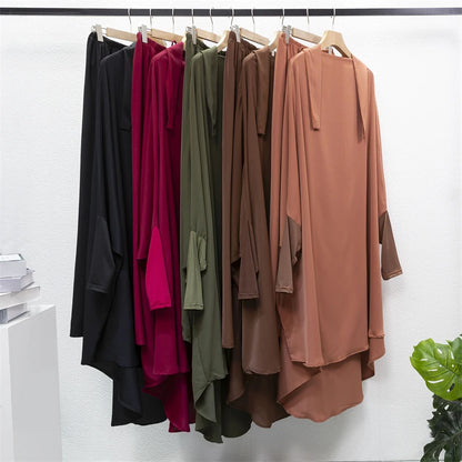 Muslim Sets Two Pieces Prayer Clothing Long Hooded Smocking Sleeve Shirts Hijab Loose Maxi Skirts Elastic Waist Women Abaya Sets.