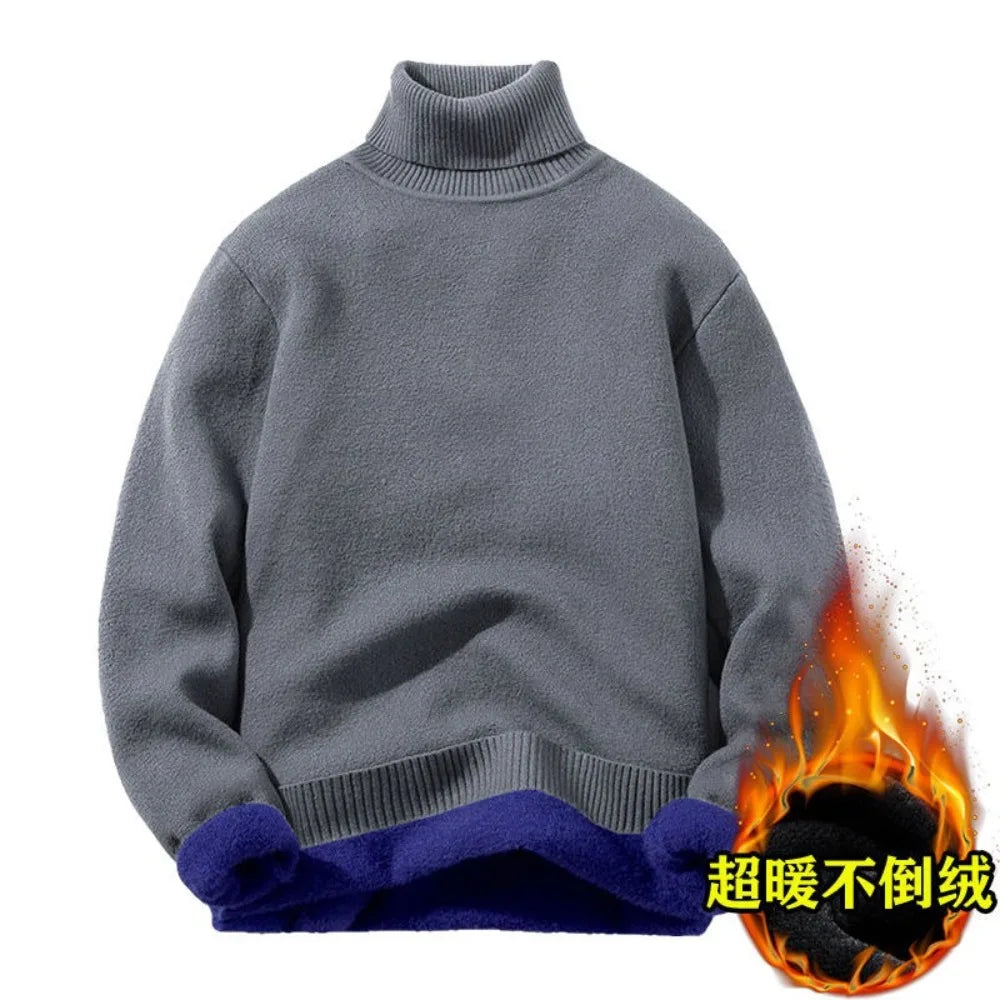 Men's Fleece High Collar Sweater Winter Thickened Solid Color Knitwear Cold-proof Warm Casual Pullover Bottoming Shirt 5XL.