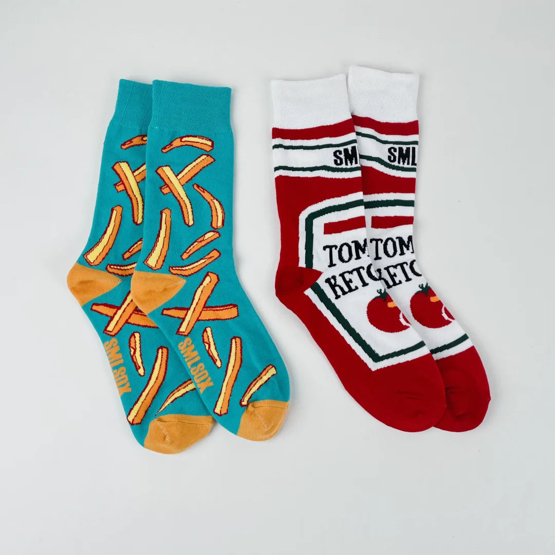 1 Pair Unisex Funny AB Style Tomato Ketchup French Fry Printed Mid-Calf Socks Suit In All Seasons.
