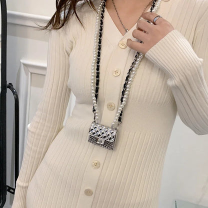 Mini Metal Shoulder Bags for Women Pearl Chain Crossbody Bag Designer Clothing Accessories Satchel Female Decorative Box Handbag.