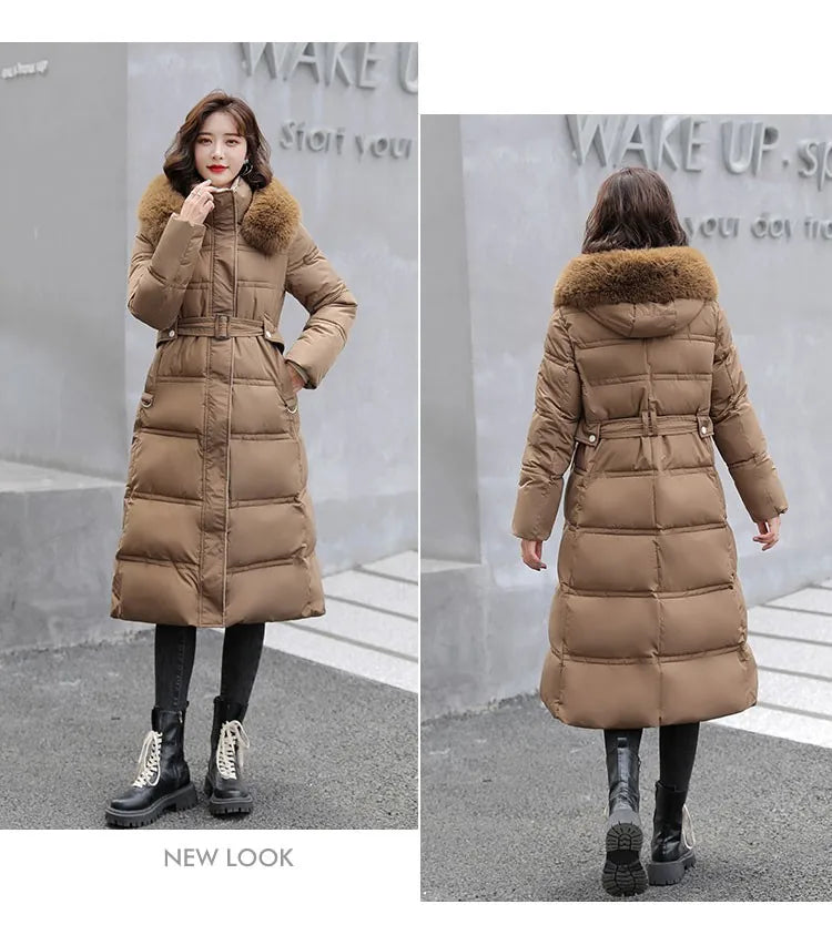 2024 neue Winter frauen Gepolsterte Jacken Mid-länge Modische Mit Kapuze Große Pelz Kragen Lose Dicke Unten Baumwolle Oberbekleidung damen.